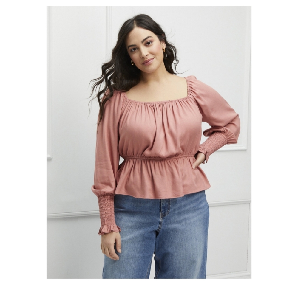 COPY - Eloquii Elements Puff sleeve top with peplum hem